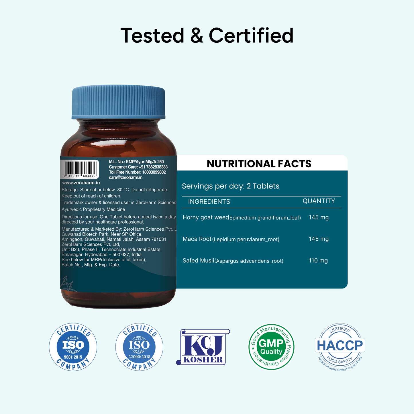 Back view of ZeroHarm Nano Back To Teens supplement bottle with nutritional facts panel, showing horny goat weed, maca root, and safed musli ingredients, along with ISO, GMP, HACCP, and Kosher certifications.
