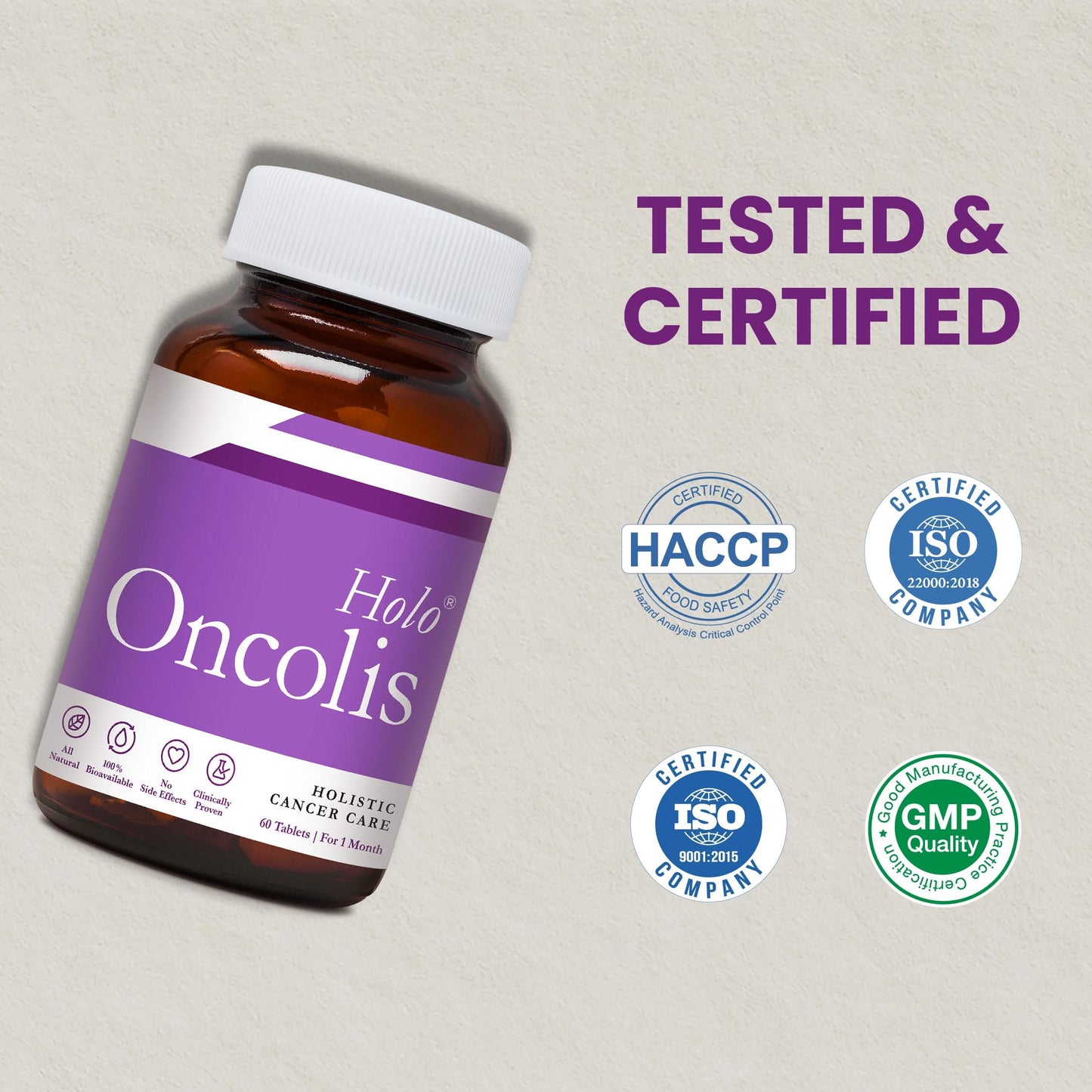 Brown glass bottle labeled ‘Holo Oncolis’ with a purple label and white cap, shown tilted on a light background. Certification logos for HACCP, ISO, and GMP appear to the right.