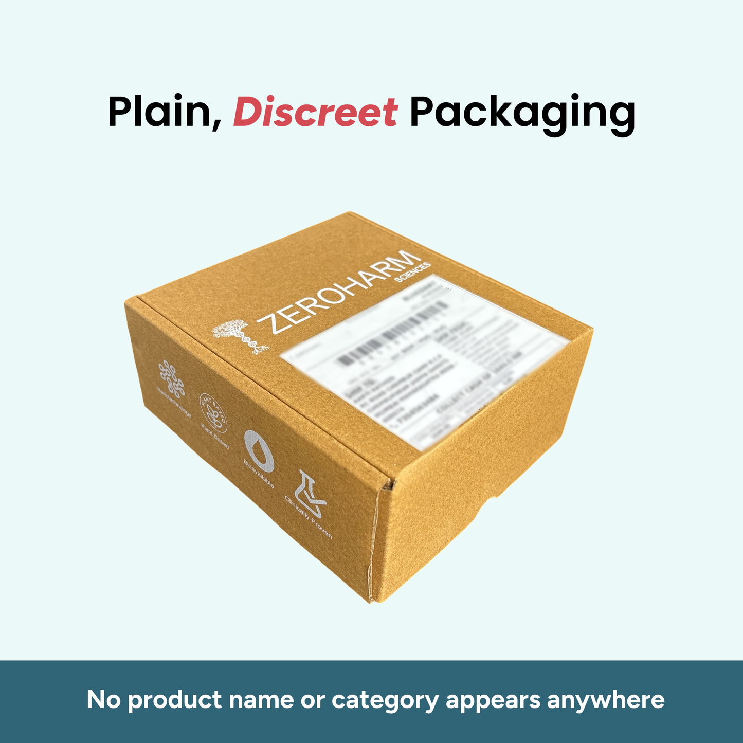 Plain, discreet ZeroHarm packaging box with no product name visible, designed for private and confidential delivery.