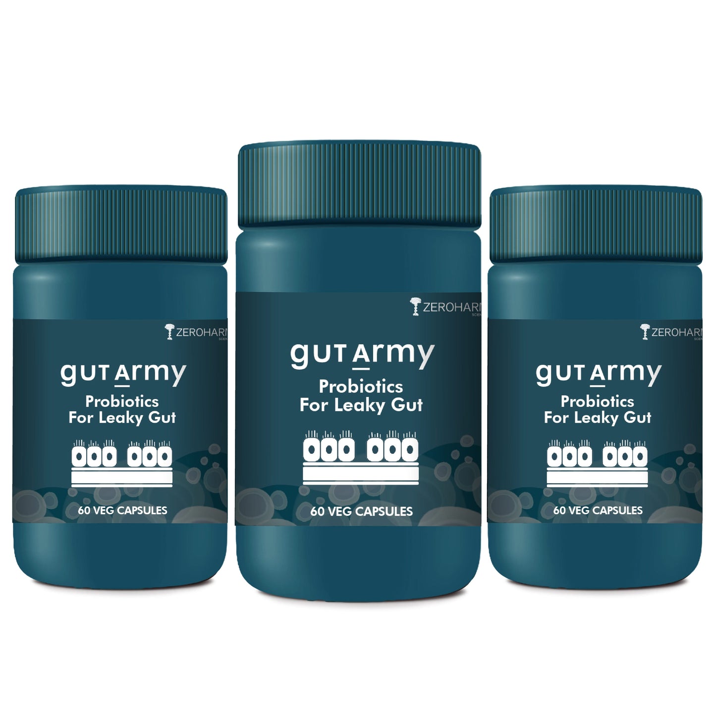 Two Gut Army Probiotics for Leaky Gut bottles by Zeroharm, 60 veg capsules each, displayed side by side, probiotic supplement for gut health and digestion support.