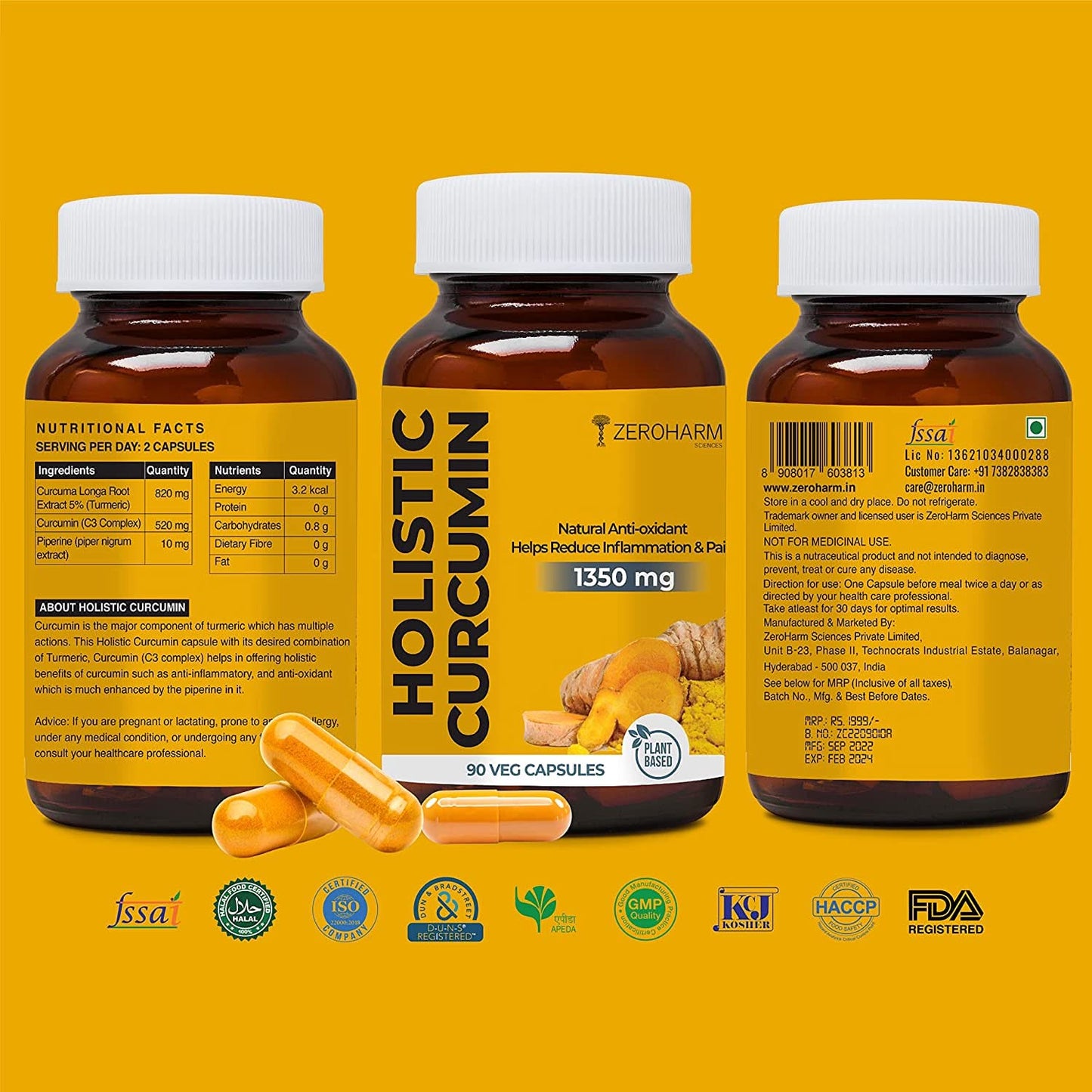 Holistic Curcumin supplement shown with front, back, and side bottles, turmeric capsules, and certification icons highlighting ingredients, dosage, and quality standards.