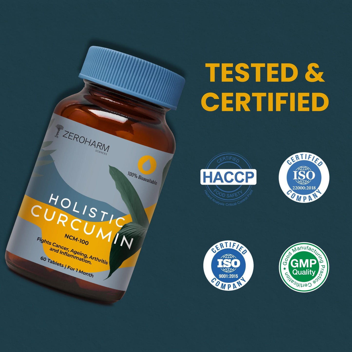 A bottle of Holistic Curcumin supplement shown with “Tested & Certified” text and certification icons, highlighting quality, safety, and compliance standards.