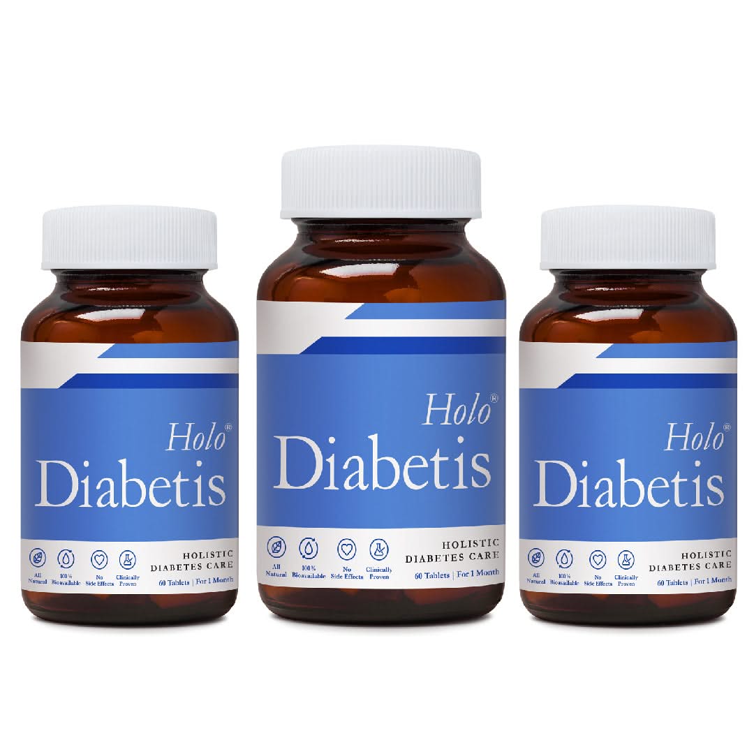 Three amber supplement bottles labeled “Holo Diabetis” by Zeroharm Sciences, placed side by side on a light background with white caps, representing a holistic diabetic care product.