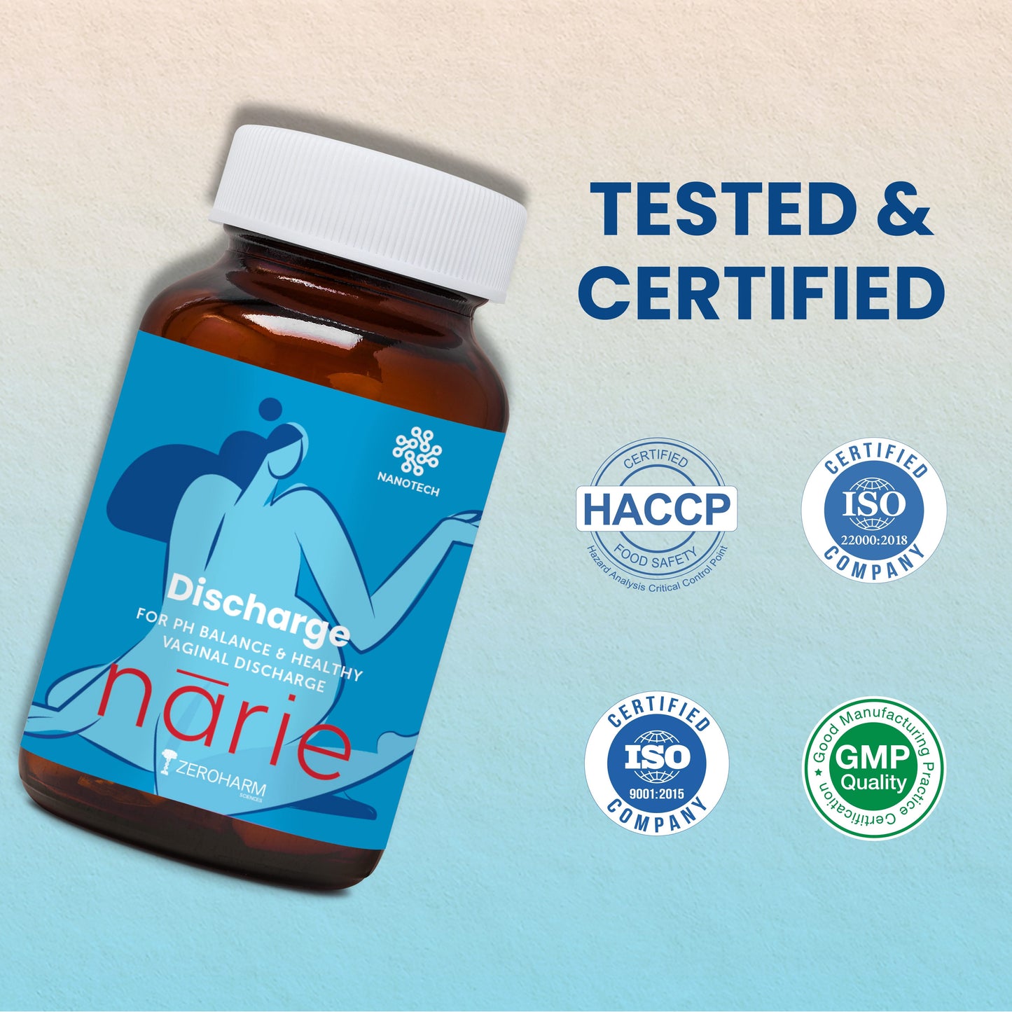 Angled brown glass bottle of Narie Discharge supplement with a blue label reading ‘Discharge – for pH balance & healthy vaginal discharge,’ displayed on a light blue background alongside certification badges (HACCP, ISO, GMP), indicating a tested and certified women’s intimate health product.