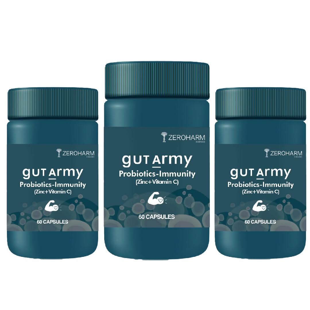 Three Zeroharm Gut Army Probiotics-Immunity supplement bottles placed side by side, teal containers with dark teal labels reading ‘Gut Army Probiotics-Immunity (Zinc + Vitamin C), 60 capsules,’ displayed on a light neutral background.