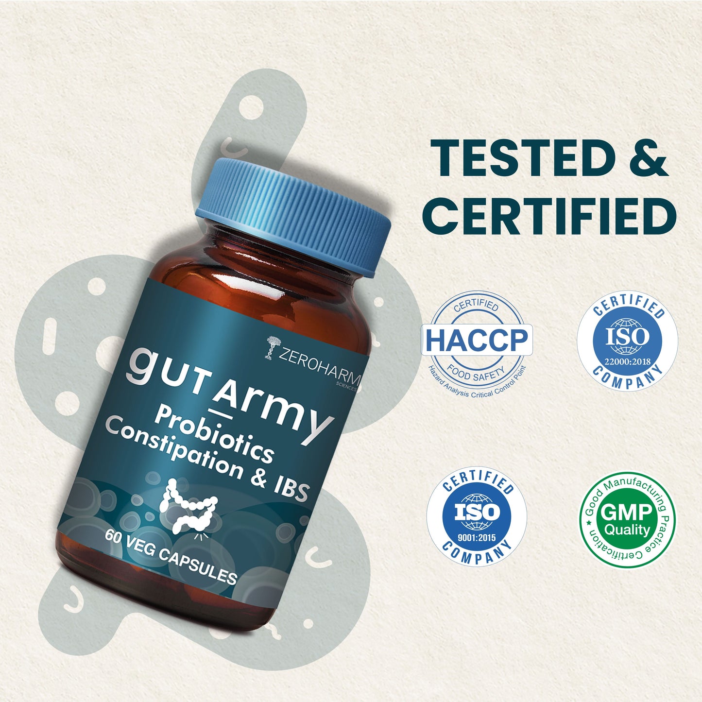 Gut Army Probiotics for Constipation and IBS bottle with blue cap, showing tested and certified quality badges including HACCP, ISO, and GMP, highlighting safe, lab-tested digestive health supplement.