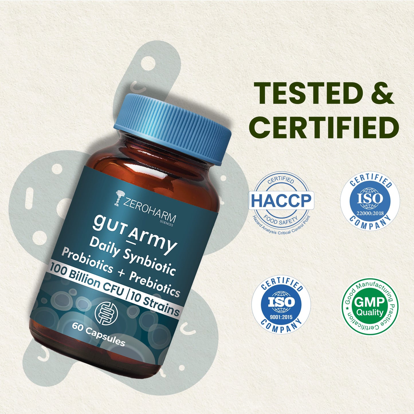 Promotional image of Zeroharm Sciences “Gut Army Daily Synbiotic” supplement bottle with a blue cap and teal label, shown tilted on a neutral beige background with illustrated friendly gut bacteria shapes, featuring the text “Tested & Certified” and certification badges for HACCP, ISO, and GMP, highlighting product safety, quality, and certified manufacturing standards.