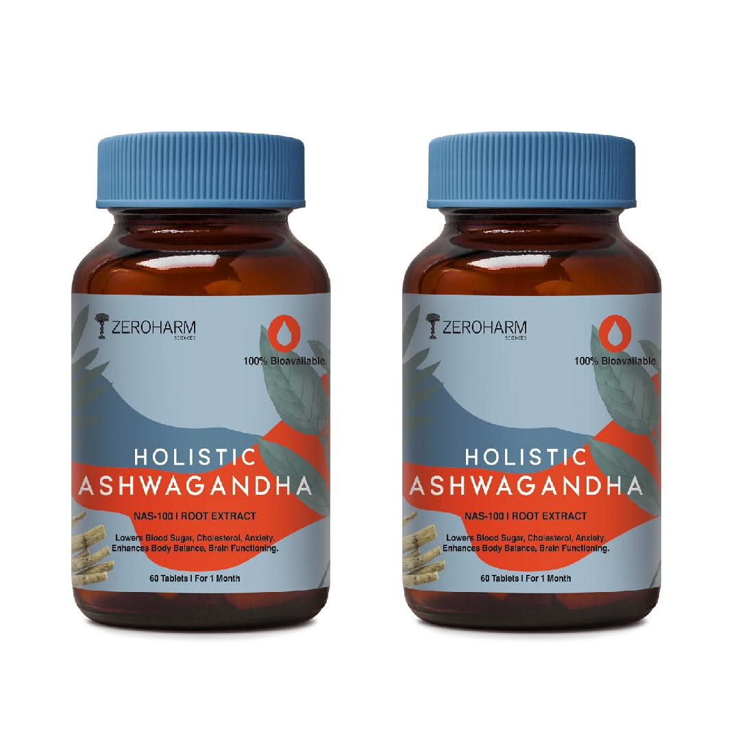 Two bottles of Holistic Ashwagandha supplement placed side by side, showing the product packaging and labeling.