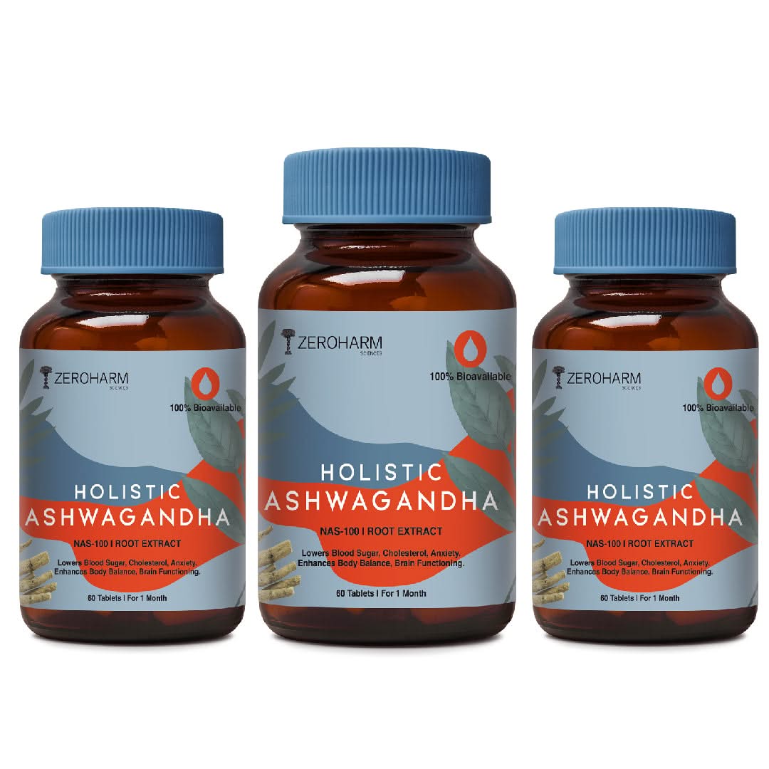 Three bottles of Holistic Ashwagandha supplement placed side by side, showing the product packaging and labeling.