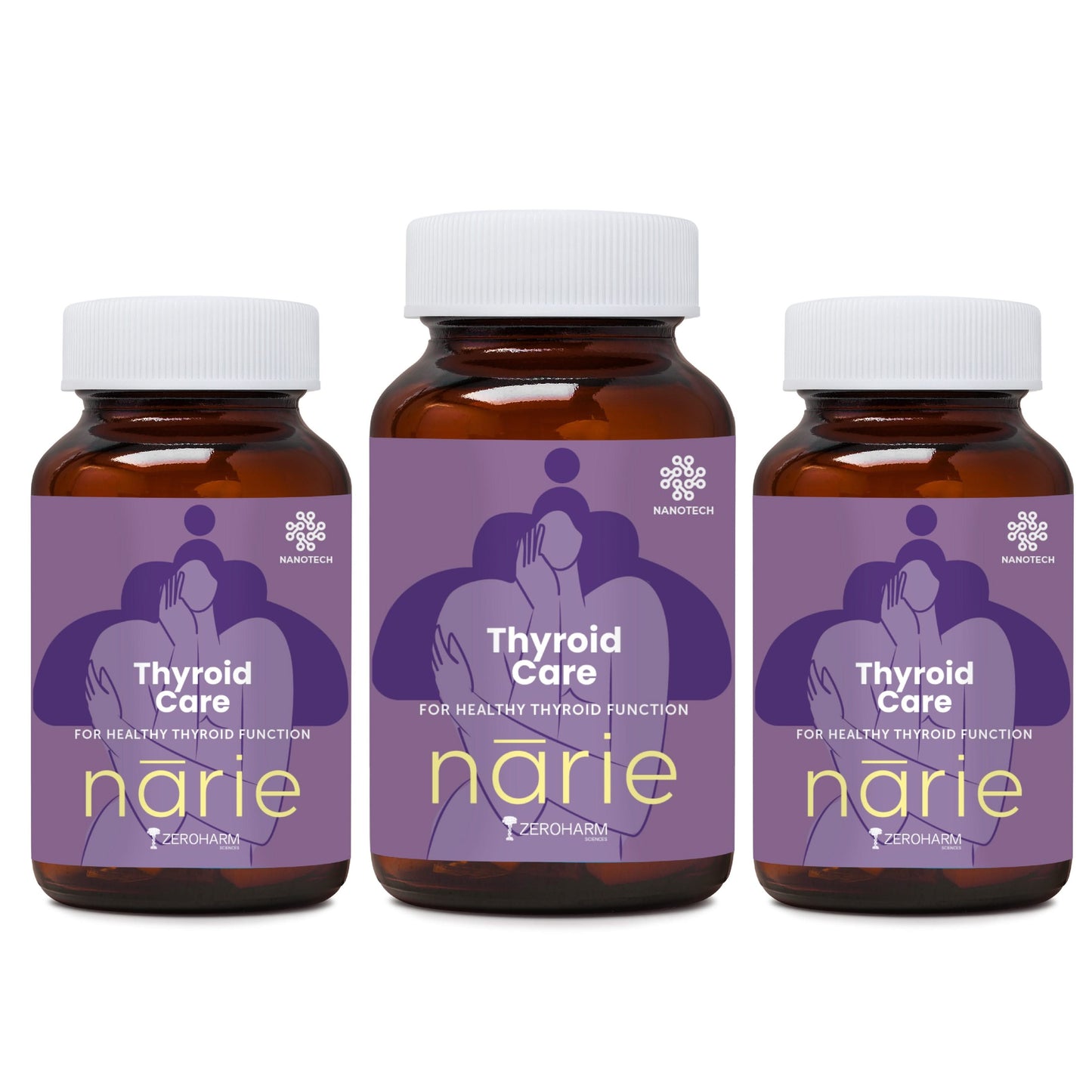 Three amber glass bottles of Nārīe Thyroid Care with purple labels are placed side by side on a light surface, each labeled “Thyroid Care – for healthy thyroid function,” featuring a white cap and minimalist illustration, representing a plant-based thyroid support supplement.