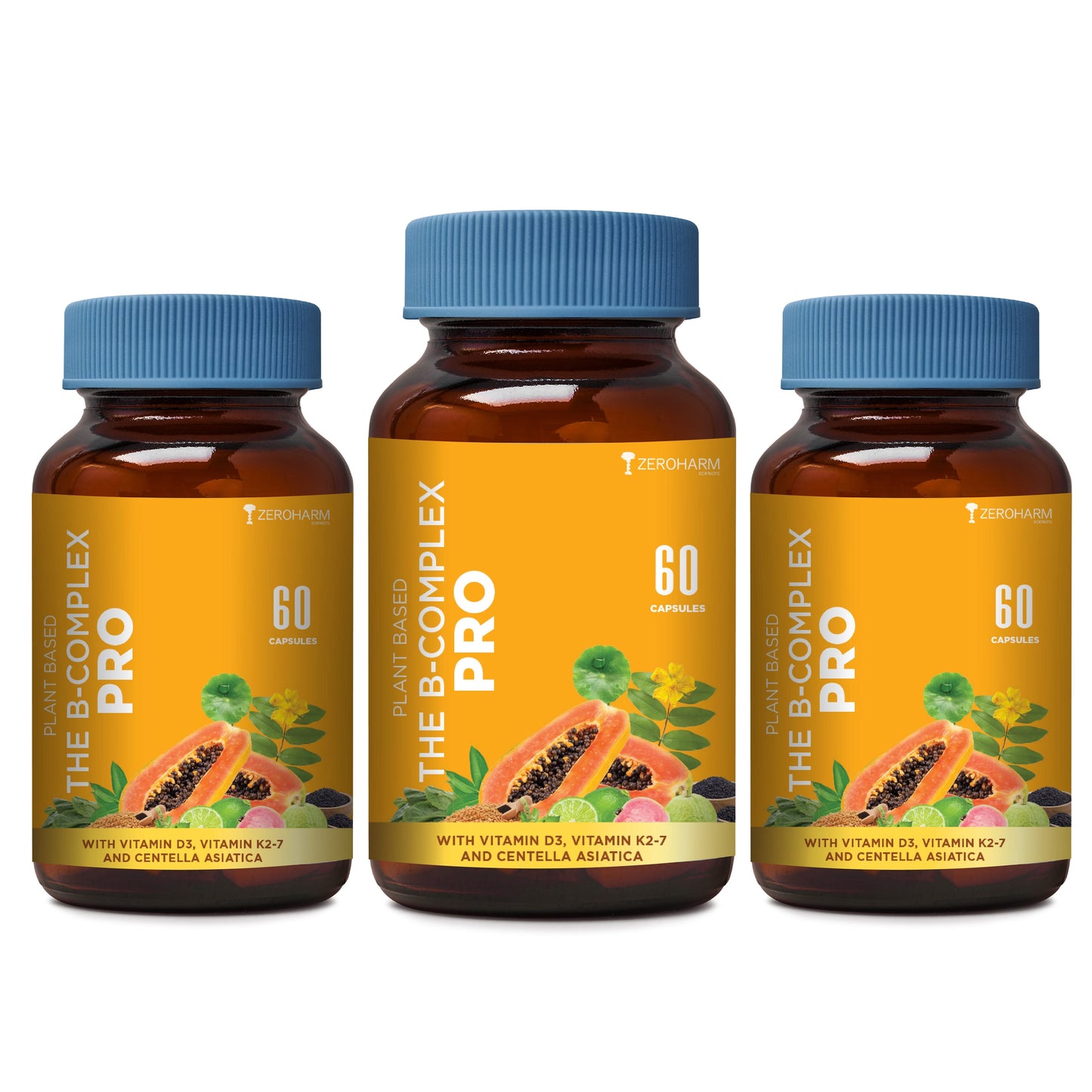 Three ZeroHarm B-Complex Pro supplement bottles side by side, featuring orange labels with papaya imagery, blue caps, and text highlighting vitamin D3, vitamin K2-7, and Centella asiatica.