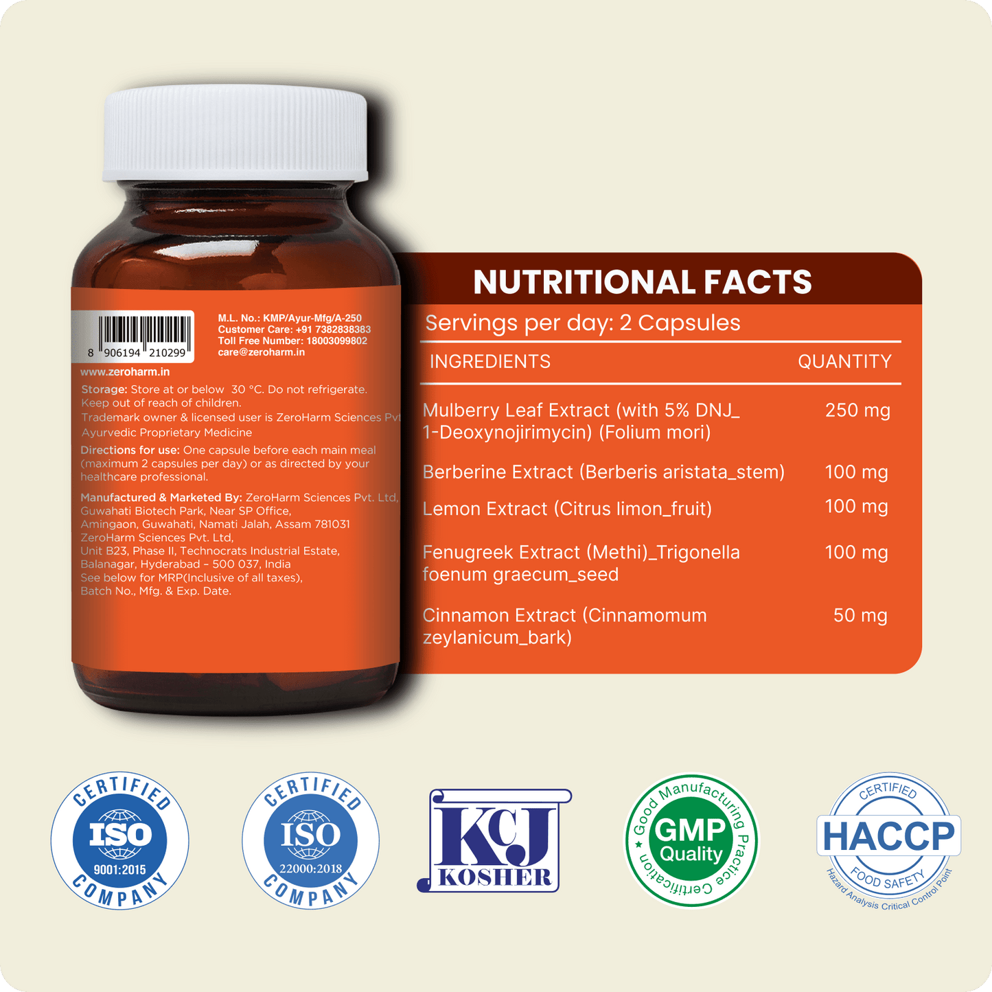 Back-of-bottle view of Zeroharm Carb Cutter supplement showing nutritional facts panel with ingredient list and quantities, barcode label, and multiple quality certification badges (ISO, GMP, HACCP, Kosher) on a peach background.