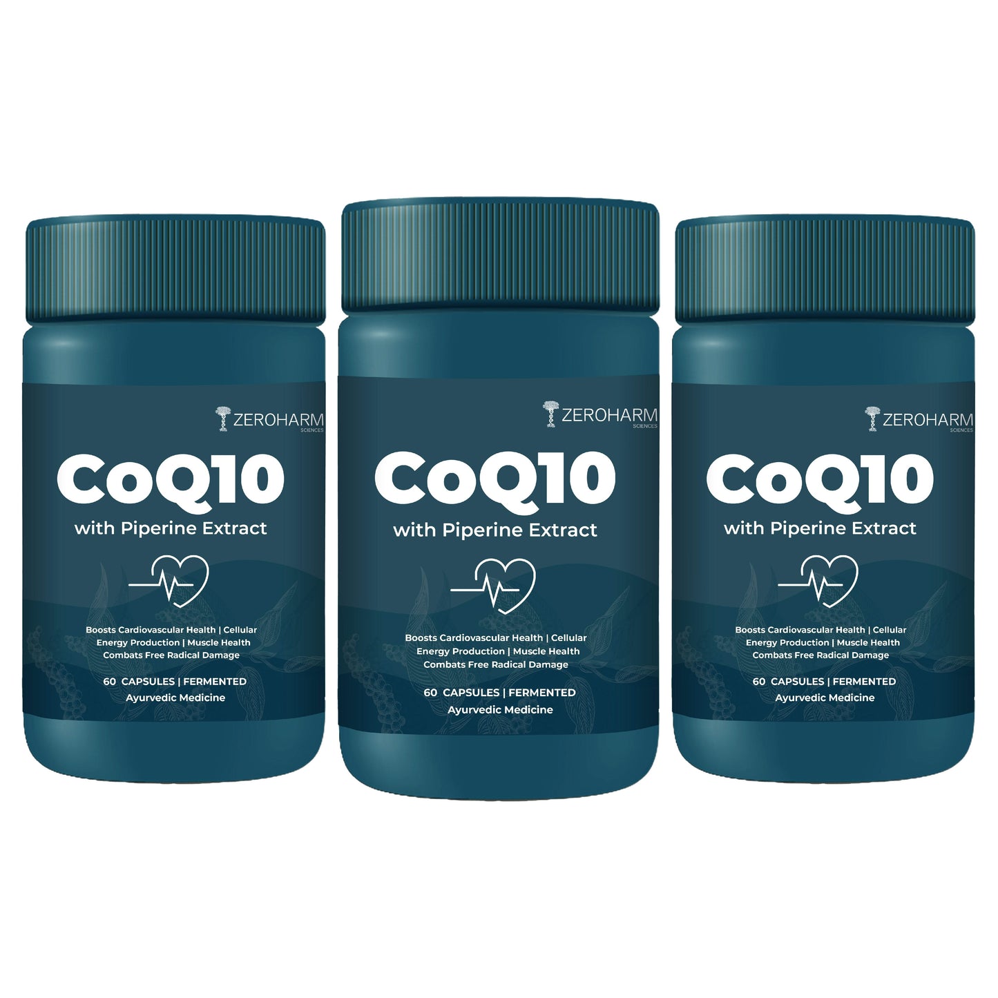 Three bottles of Zeroharm CoQ10 with Piperine Extract displayed side by side on a light background, featuring dark teal packaging labeled ‘CoQ10,’ highlighting cardiovascular health support, cellular energy production, and fermented Ayurvedic capsules.