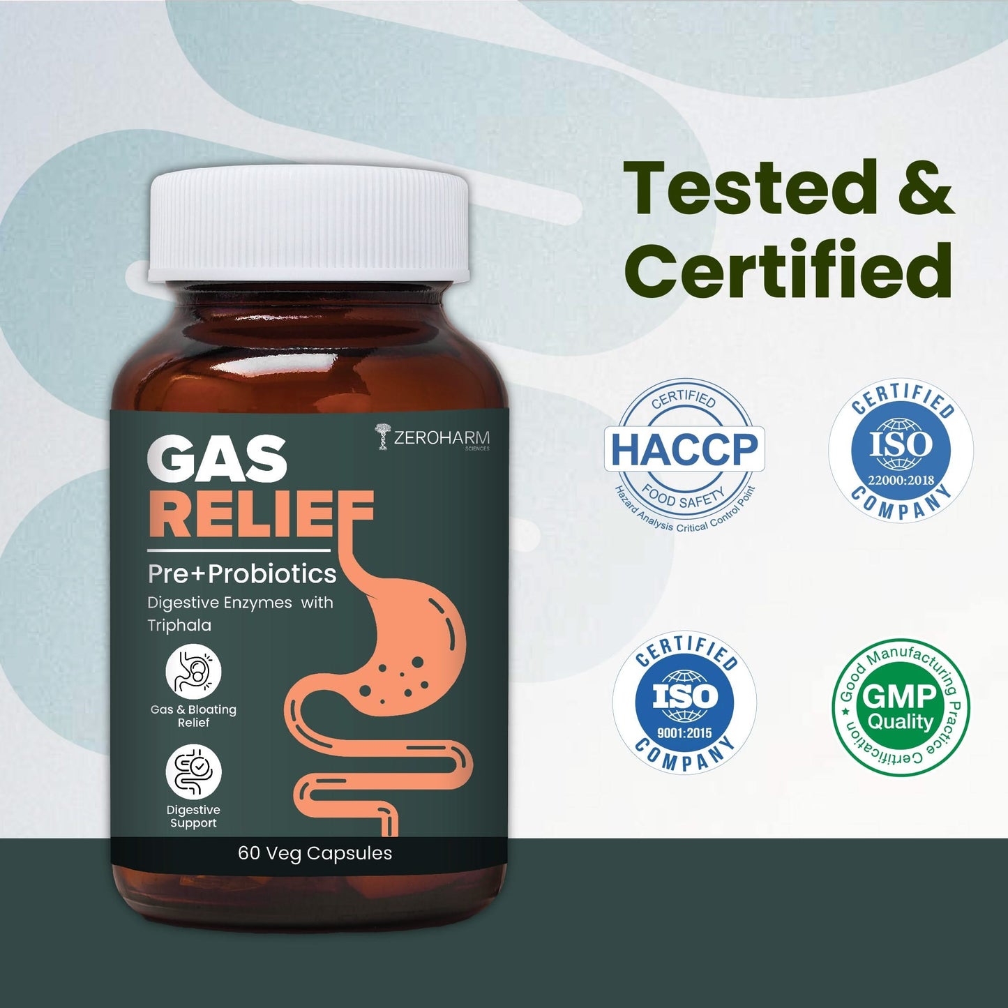 ZeroHarm Gas Relief supplement bottle with ‘Pre+Probiotics’ label, stomach icon, and text ‘Tested & Certified,’ shown alongside HACCP, ISO, and GMP certification badges on a light background.