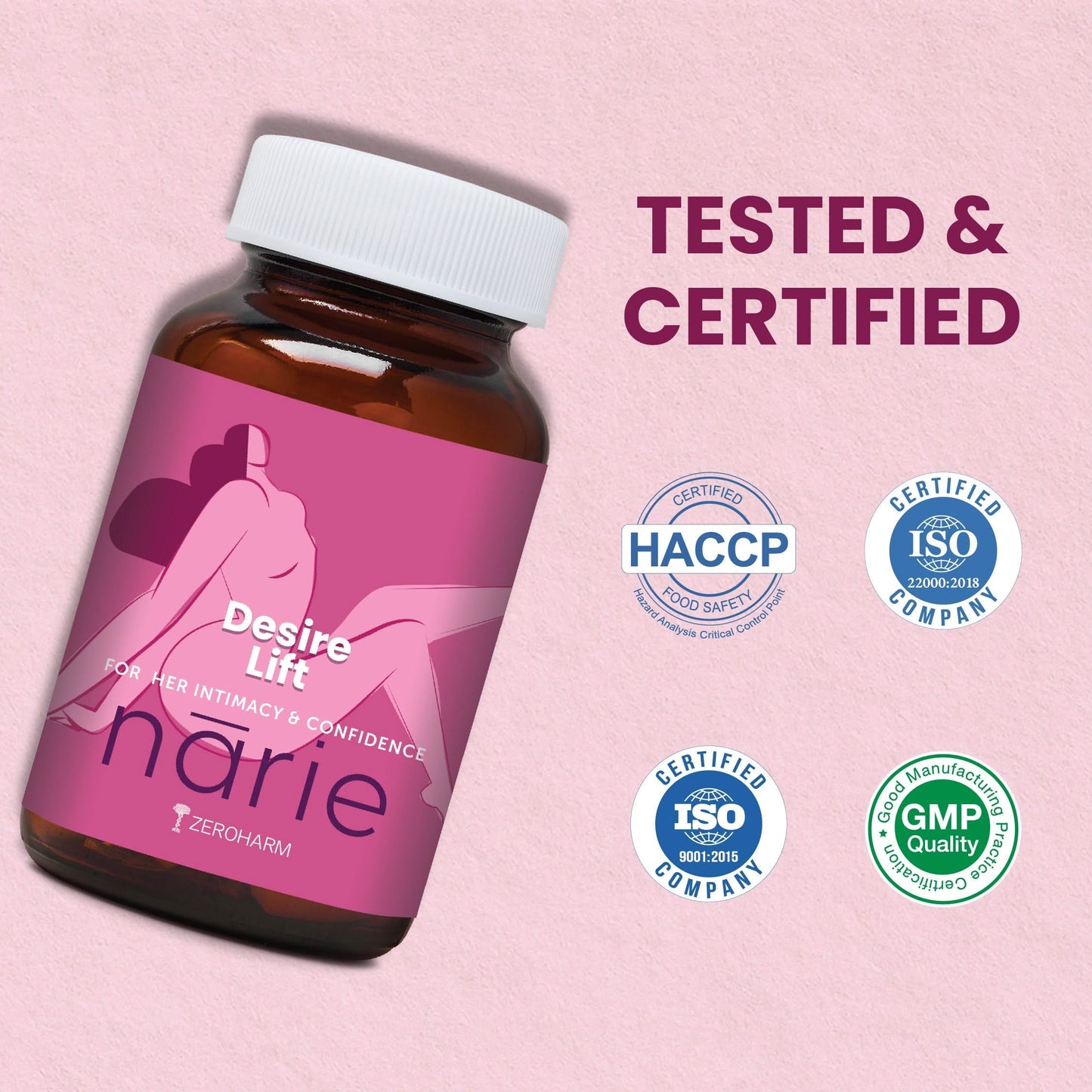 Pink background promotional image showing a tilted brown supplement bottle labeled ‘Desire Lift – narie’ with a white cap. The text ‘Tested & Certified’ appears alongside certification badges for HACCP, ISO, and GMP.