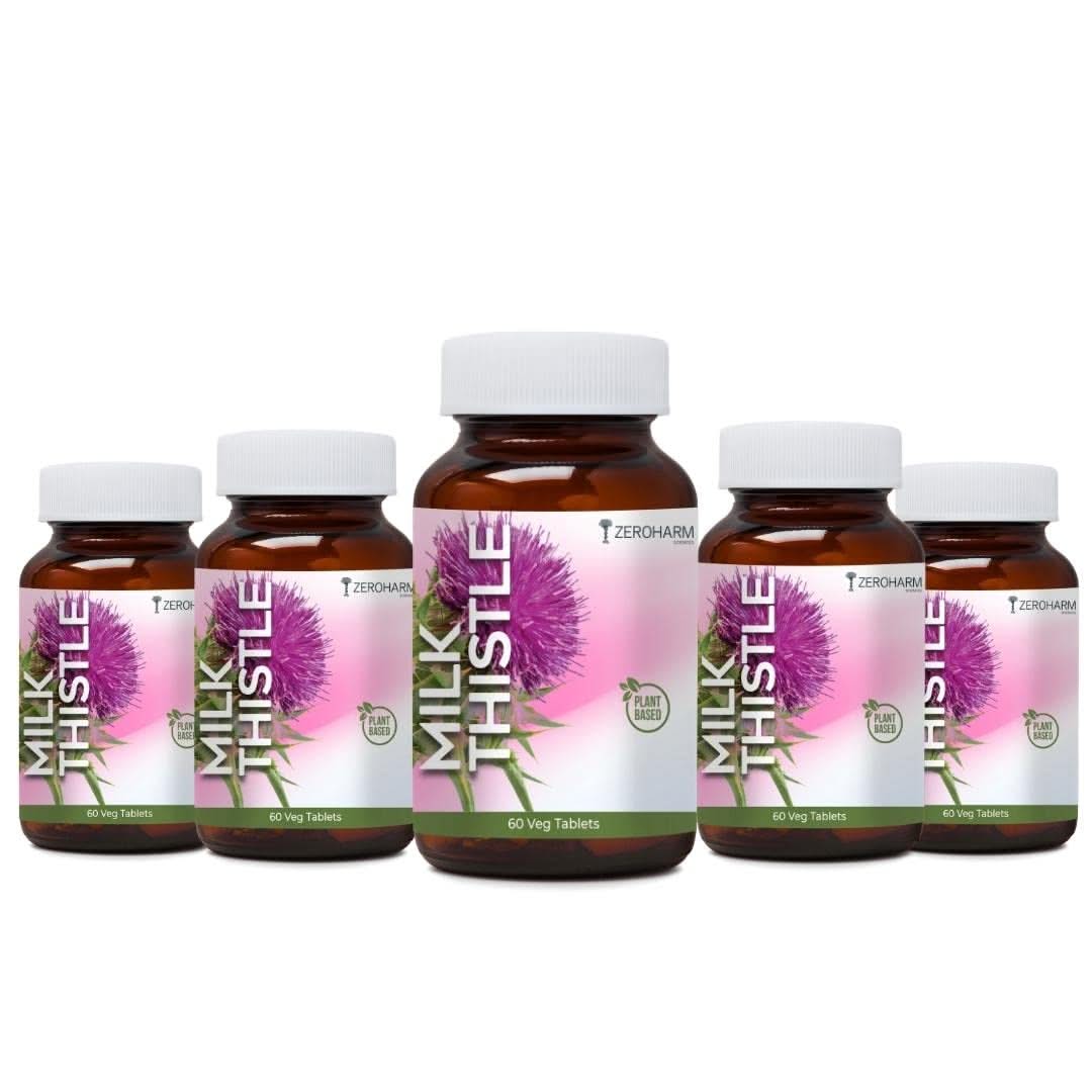 Five bottles of nano-formulated milk thistle dietary supplement with plant-based labeling, displayed side by side, designed to support liver health and antioxidant protection.