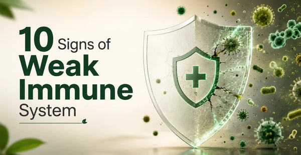 10 signs of a weak immune system with a protective shield surrounded by harmful germs.