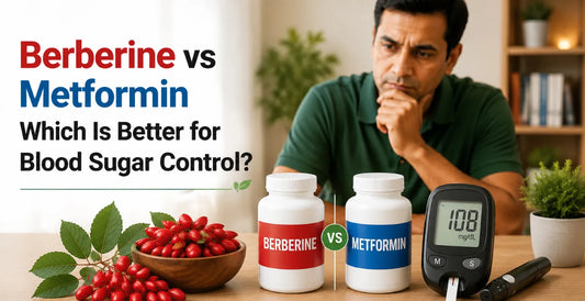Concerned man beside Berberine vs Metformin bottles with glucometer and berberine berries comparing both for blood sugar control