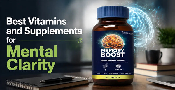 Zeroharm Memory Boost supplement bottle sourced from Brahmi, promoting memory, focus, brain health, and mood - best vitamins for mental clarity.
