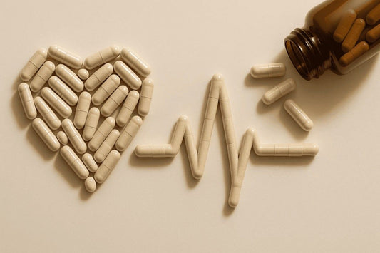 A creative arrangement of capsules forming a heart shape and a heartbeat line, with a bottle of capsules spilling nearby. 