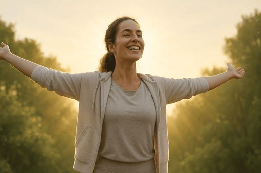 A woman standing outdoors with her arms extended, smiling against a backdrop of trees and soft sunlight, symbolizing joy and vitality. This scene reflects themes of boosting energy and vitality naturally.