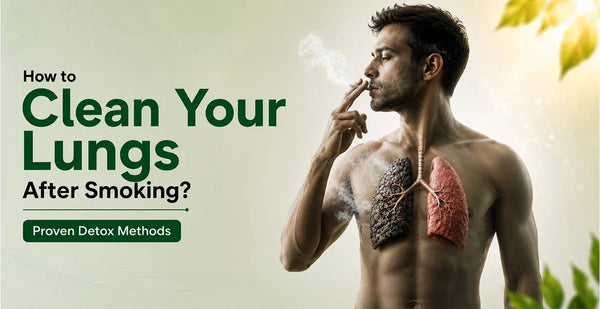 Man smoking with damaged black lung and healthy lung illustration showing proven detox methods to clean lungs after smoking