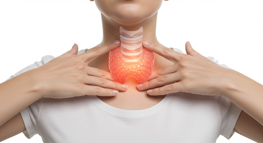 An image of a person gently touching their neck, with a highlighted representation of the thyroid gland for emphasis.