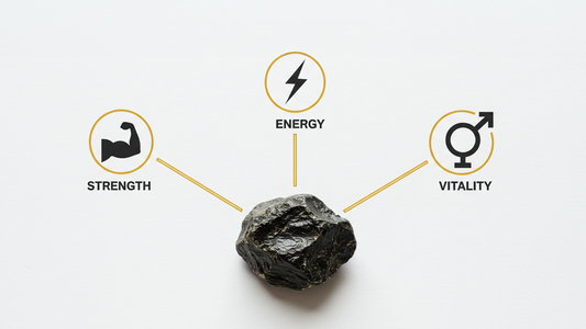 An image featuring shilajit with three icons pointing toward it, labeled "Strength," "Energy," and "Vitality," symbolizing the benefits associated with it.