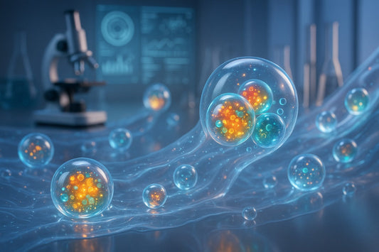 A digital rendering of blue spherical structures with glowing particles, representing Nano-Encapsulation Technology, in a laboratory setting with a microscope and scientific graphs in the background.