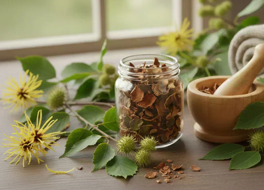Witch hazel leaves, yellow flowers, and dried bark in a glass jar with mortar and pestle, used as a natural herbal remedy for skin care and inflammation.