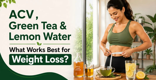 Fit woman measuring her waist beside apple cider vinegar bottle, green tea cup, and lemon water for weight loss
