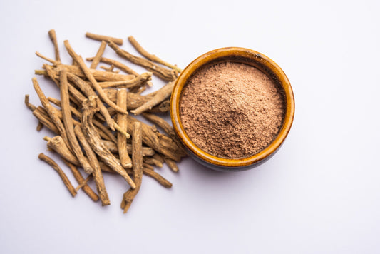 Ashwagandha roots and powder used in herbal medicine for stress relief and natural wellness.