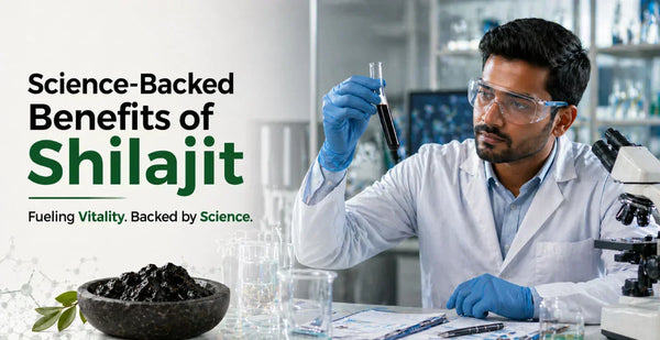 Scientist in lab coat examining test tube beside raw Shilajit resin in stone bowl highlighting science-backed benefits for men