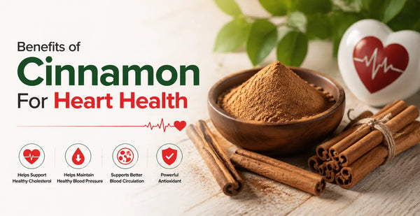 Cinnamon sticks and powder beside heart symbol - natural cinnamon benefits for heart health, blood pressure, and circulation.