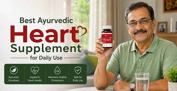 Middle-aged man holding ZeroHarm Holo Heart Nano supplement bottle for best Ayurvedic heart health support for daily use