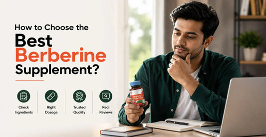 Man at desk evaluating berberine supplement - best berberine supplement India guide covering ingredients, right dosage, trusted quality, and real reviews.