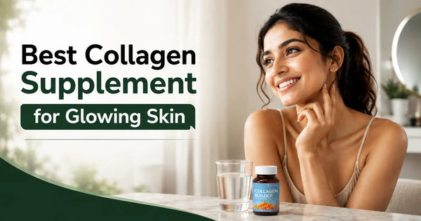 Best collagen supplements for glowing skin, featuring a woman with healthy-looking skin and a collagen supplement.
