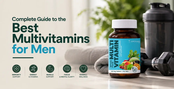 ZeroHarm Whole Food Multivitamin beside dumbbells and towel - best multivitamin for men for energy, focus, and immunity.