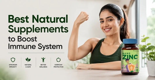 Woman flexing arm beside ZeroHarm Nano Zinc bottle - best natural supplement to boost immune system in India.