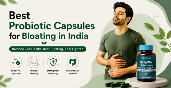 Man holding stomach beside ZeroHarm Gut Army Daily Synbiotic probiotic capsules bottle for best bloating relief in India