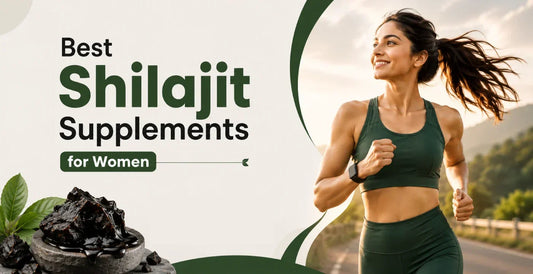 Fit woman jogging outdoors beside raw Shilajit resin in stone bowl showing best Shilajit supplements for women's energy