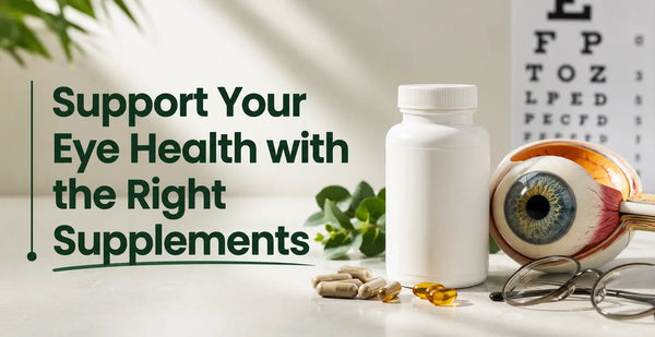 Eye health supplements with capsules, eye model, vision chart and glasses supporting healthy vision and eye wellness.