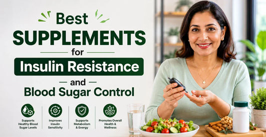 Woman using glucometer beside salad and supplement bottle showing best supplements for insulin resistance and blood sugar control
