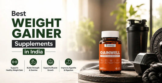 Weight gainer supplement bottle with gym equipment highlighting healthy weight gain, muscle growth, strength, and appetite support.