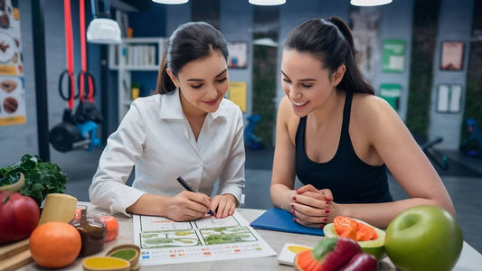 A nutritionist discussing a meal plan with a client at a table, surrounded by fresh fruits and vegetables, in a fitness environment. The scene emphasizes healthy eating and science backed tips to boost metabolism.