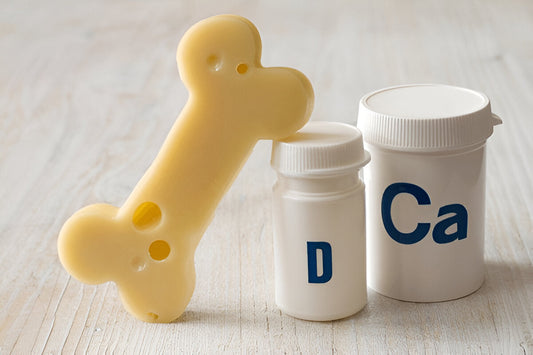 An image featuring a bone-shaped cheese stick next to bottles labeled "D" and "Ca," representing Vitamin D and Calcium, likely emphasizing bone health.