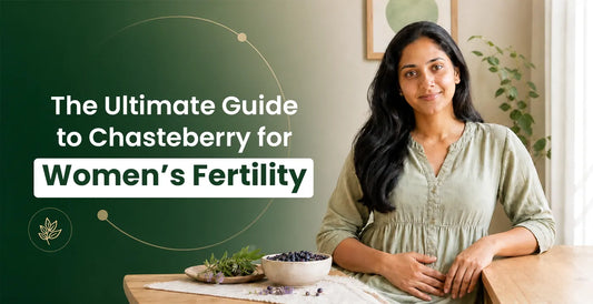 Calm woman in green dress beside a bowl of fresh Chasteberry and herbs representing the ultimate guide to women's fertility
