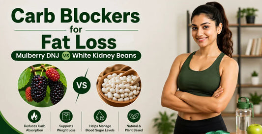 Fit woman beside Mulberry DNJ vs White Kidney Beans comparison showing best carb blockers for fat loss and blood sugar control