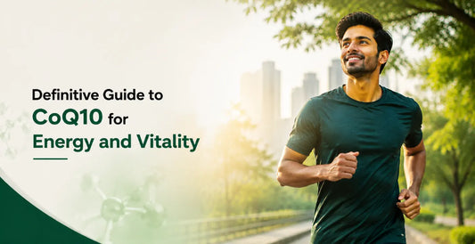 Smiling man running in park with CoQ10 molecular structure - best CoQ10 supplement guide for boosting energy, vitality, and long-term cellular health.