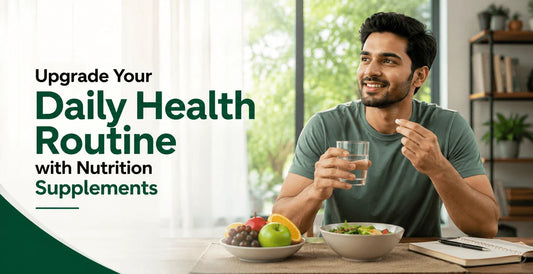 Man taking daily nutrition supplement with water, fruits, and salad - best nutrition supplements to upgrade your daily health routine for lasting wellness.